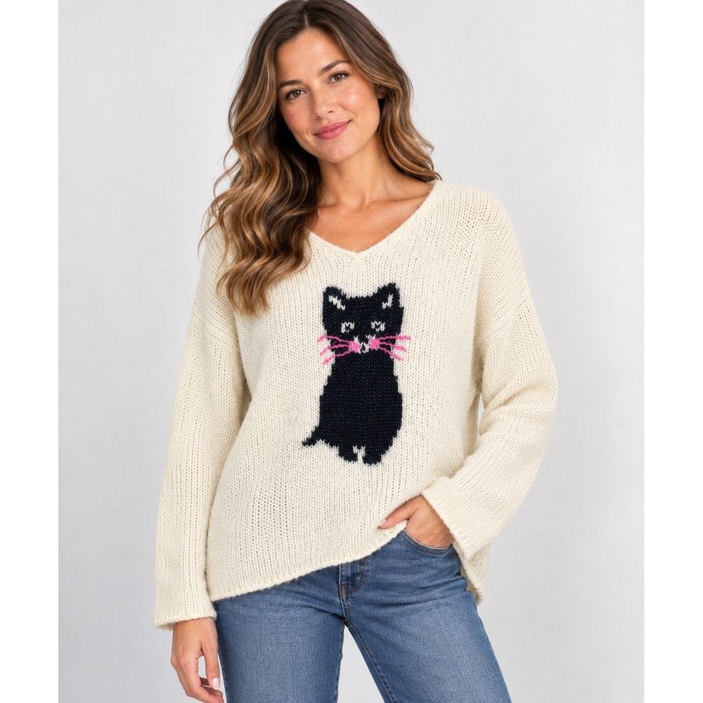 Wooden Ships Paola Buendia Black Cat Mohair Blend Knit Sweater Ivory S/M
